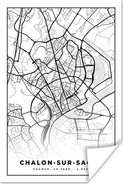 Poster Stadskaart - Frankrijk - Chalon-sur-Saône - Kaart - Plattegrond - Zwart wit - 120x180 cm XXL