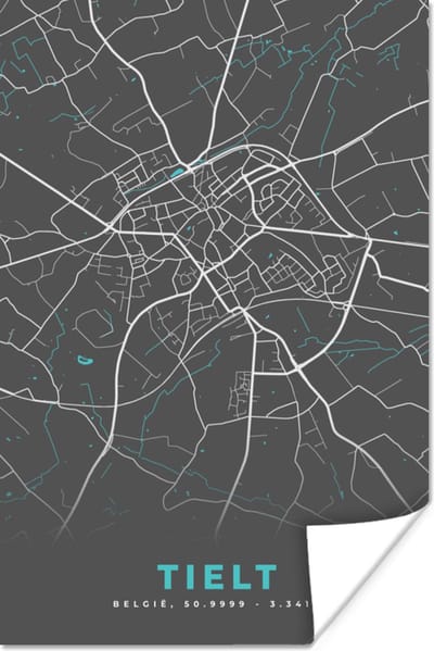 Poster België – Tielt – Stadskaart – Kaart – Blauw – Plattegrond - 120x180 cm XXL