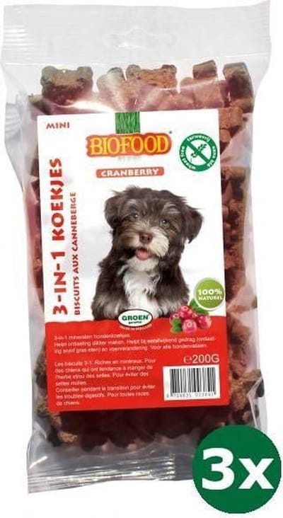 3x200 gr Biofood 3 in 1 hondenkoekjes met cranberry mini hondensnack