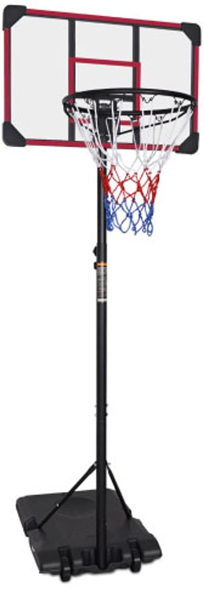 Basketbalring 71,12x45,72x170-213cm Draagbare Zwart Rood PE Rotan IJzer Waterdichte Stof Met Wielen Rood zeefdrukontwerp Verstelbare Hoogte Geschikt Voor Tieners Volwassenen Binnen Buiten Algemeen Gebruik