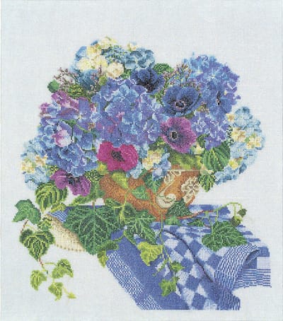 Thea Gouverneur - Borduurpakket met telpatroon - 3025A - Voorgesorteerde DMC Garens - Hortensia Anemonen - Aida - 37 cm x 42 cm - DIY Kit