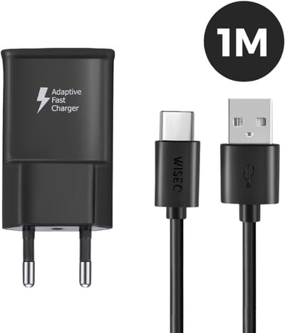 WiseQ Oplader USB C - Geschikt voor Samsung - 18W Fast Charger - Inclusief USB C Kabel 1 Meter - Zwart