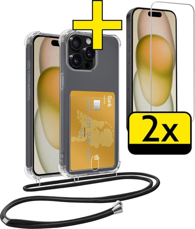 Hoesje Geschikt voor iPhone 15 Pro Telefoonhoesje Met Koord Case Pashouder Met 2x Screenprotector Siliconen - Hoes Geschikt voor iPhone 15 Pro Hoesje Met Kaarthouder - Transparant