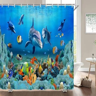 Onderwaterwereld Vis Schildpad 3d Douchegordijnen Oceaan Dolfijn Zeegezicht Stof Waterdicht Badgordijn Badkamer Decor Scherm W140XH180cm