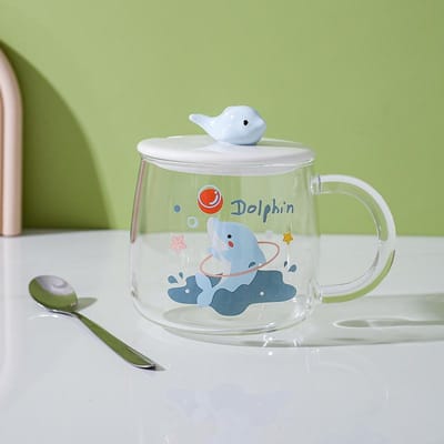 Hittebestendig Glazen Mok Scandinavische Mok Huis Kantoor Koppels Dolfijn Mok Melk Koffie Mok met Deksel Lepel 401-500ml