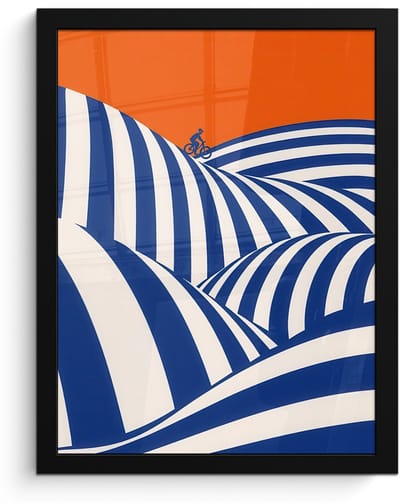 Poster in lijst - Fotolijst 30x40 cm - Posters - Fietser - Heuvels - Strepen - Blauw - Posterlijst zwart - Decoratie - Wanddecoratie woonkamer - Muurdecoratie slaapkamer
