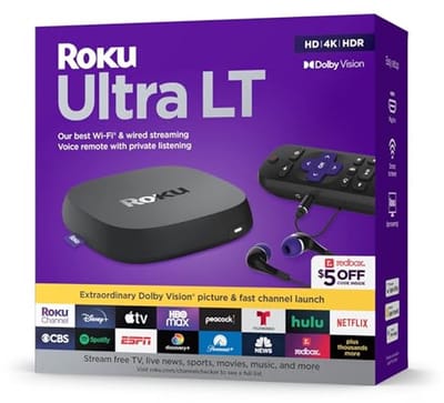 Roku Ultra LT (2023) HD/4K/HDR Dolby Vision Quad-Core streaming-speler met HDMI-kabel, hoofdtelefoon, spraakafstandsbediening met privé luisteren, Ethernet