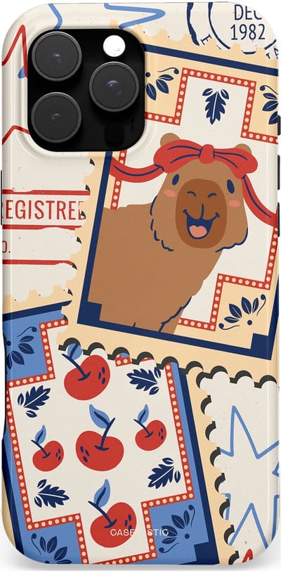 Casetastic hoesje geschikt voor Apple iPhone 16 Pro Max - MagSafe - Dubbellaagse bescherming - Kerst Capibara Post van de Noordpool - Fashion Case - Lichtgrijs Zand Terracotta