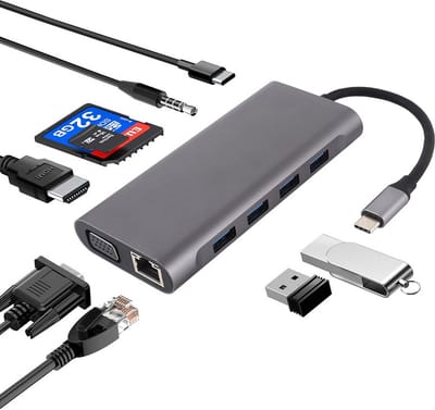USB-C Hub - 11 IN 1 - USB 3.0 - VGA - 4K HDMI - AUX - Ethernet - Adapter dock splitter voor laptop - Grijs - Provium