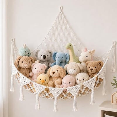 Opbergnet voor knuffels, handgeknoopte hangmat voor teddyberen en pluche speelgoed, decoratie voor de babykamer en speelgoedorganizer