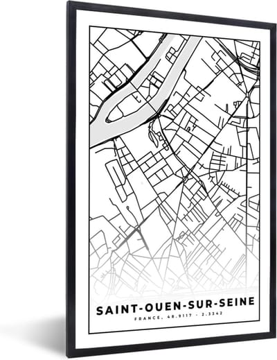Fotolijst incl. Poster Zwart Wit- Plattegrond – Saint-Ouen-sur-Seine - Kaart – Frankrijk – Stadskaart - Zwart wit - 40x60 cm - Posterlijst