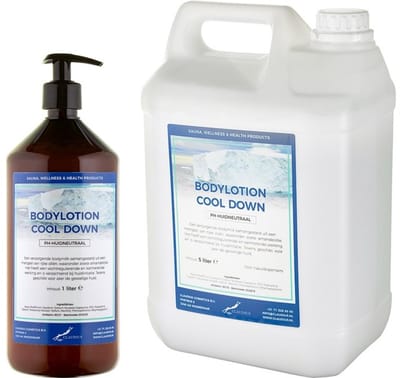 Bodylotion Cool Down 1 liter met gratis pomp - hervulbaar + Jerrycan 5 Liter navulling