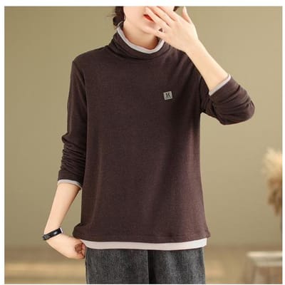 Herfst en Winter Nieuwe Col Splicing Onderhemd Damesmode Dubbelzijdig Verdikt Los Contrasterend Top 4XL donkerbruine kleur