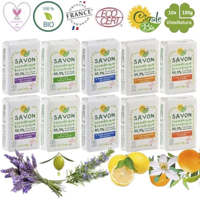 Cigale Bio 10x100g Biologische essentiële rozemarijn, citroen, sinaasappel, lavendel, olijf olie zeep. Zonder conserveermiddel - kleur