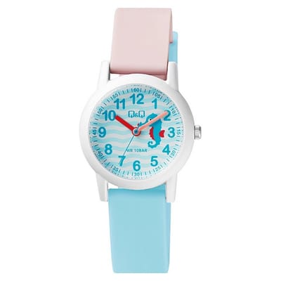 Q&Q VS49J001Y - Horloge - Analoog - Kinderen - Unisex - Plastic band - Rond - Cijfers - Kunststof - Zeepaardje -Sport - Lichtblauw - Roze - Wit - 10 ATM