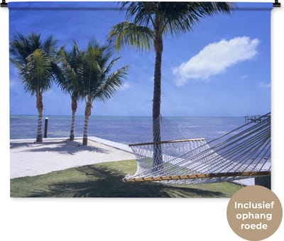 Wandkleed - Wanddoek - Zee - Hangmat - Palmboom - 120x90 cm - Wandtapijt