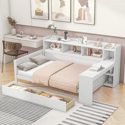DESMIU Bed 90 x 200 cm - Bed met Opbergruimte, Werktafel, Stopcontact en USB - 2 Lades en Meerdere Vakjes - Voor Slaapkamer en Studie - Wit - Zonder matras