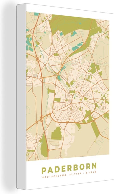 Canvas Schilderij Vintage - Paderborn - Plattegrond - Kaart - Stadskaart - 20x30 cm - Wanddecoratie