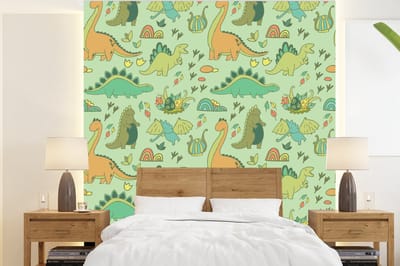 Behang - Fotobehang Patronen - Dino - Groen - Jongetje - Kind - Kinderen - Kids - Breedte 220 cm x hoogte 240 cm