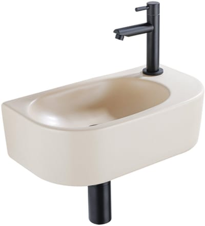QeramiQ Fuente Fonteinset - 40x21.5x12cm - rechts - glad - halfrond - 1 kraangat - keramiek - fonteinkraan zwart mat - afvoerplug - verlaagd sifon - beige