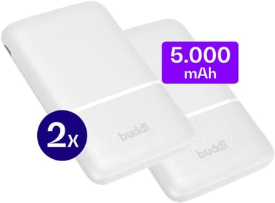 Buddi Go 5.000 mAh Powerbank Duo Pack - Reisformaat - Compact - Klein - Ultra Dun - 2.4A USB-C en USB-A - Universele Powerbank Geschikt voor Telefoon & Tablet - Ideaal voor handbagage - Wit