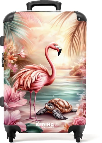 NoBoringSuitcases.com® - Kinderkoffer meisje - Kindertrolley meisjes - Flamingo en schildpad op een roze strand. - Koffer kind groot - Rolkoffer lichtgewicht - Reiskoffer met 4 wielen - Grote trolley XL - 20 kg bagage