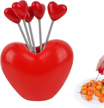 Fruitvorkjes - 5 stuks - Hartvormige fruitvorkjes - 9 cm - Met standaard - Roestvrij staal - Dessertvorkjes - Geschikt voor taarten, salades, schalen, bruiloften en feestartikelen - Rood