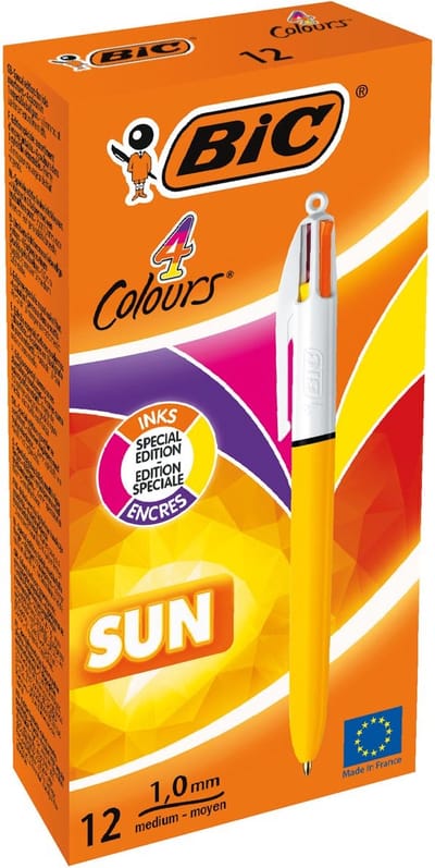 Bic 4 Colours Sun, balpen, 0,32mm, 4 fashion inktkleuren, lichaam geel, DOOS VAN 12