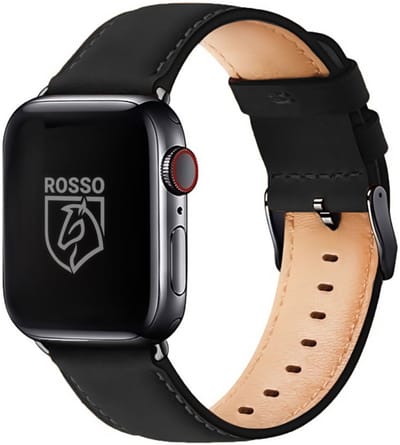 Rosso Deluxe Bandje van Echt Leer - Geschikt voor Apple Watch 1/2/3/4/5/6/7/8/9/10/11/SE/Ultra - 49MM / 46MM / 45MM / 44MM / 42MM - Polsband Horloge - Zwart