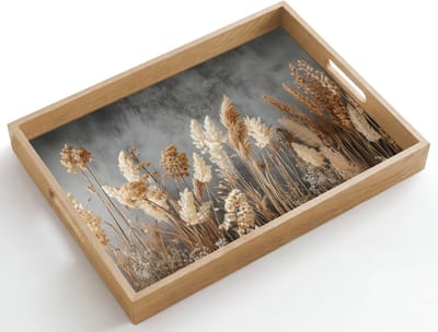Dienblad hout 50x35 cm - Schootdienblad - Gedroogde Veldbloemen - Grijs - Beton - Borrelplank rechthoek - Plateau dienbladen