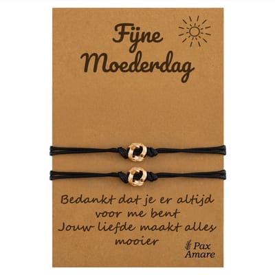 Moeder Dochter Armbandjes voor 2 "Fijne Moederdag" - Knoopjes - Moeder Kind Armbandjes met Persoonlijk Cadeau Kaartje voor mama - Goudkleurig - Elastisch Verstelbaar - Pax Amare