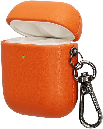 kwmobile Kunstleren hoes voor Apple Airpods 1 & 2 – Slim cover met karabijnhaak – Opbergtasje voor oordopjes – Etui in oranje