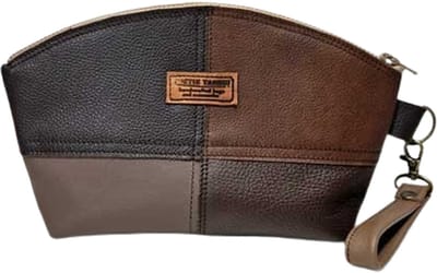 Handgemaakte Toilettas Leer Bruin - Patchwork - Clutch - Make-uptas - Met Handvat - Leder