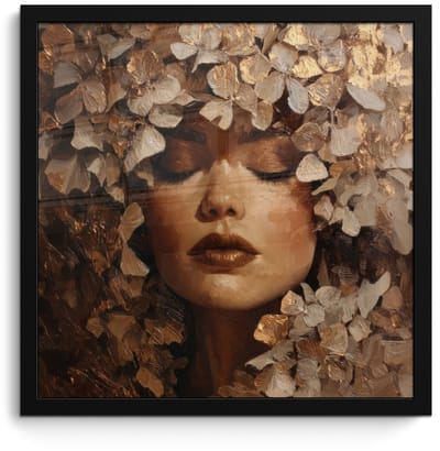 Poster in lijst - Fotolijst 40x40 cm - Posters - Gezicht - Vrouwe - Bladeren - Penseelstreken - Posterlijst zwart - Decoratie - Wanddecoratie woonkamer - Muurdecoratie slaapkamer