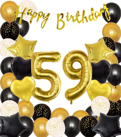 Snoes Ballonnen 59 Jaar Black Gold Dots Mega Ballon - Compleet Feestpakket Goud Zwart Stippen Cijferballon 59 - Verjaardag Versiering DIY Slinger Happy Birthday – Folieballon – Latex Ballonnen - Helium Ballonnen