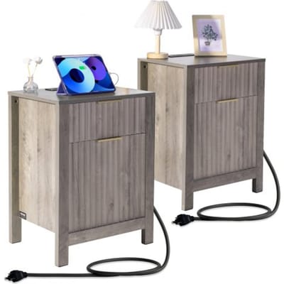 VEVOR Vierkant Nachtkastje Nachtkastje met 2-delige set, USB-poorten en -aansluitingen, 3-laags bijzettafel met opbergkast en 2 lades, voor woonkamer, slaapkamer, kantoor