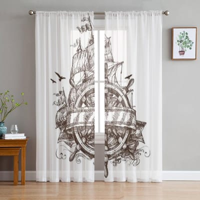 Adventure Vintage Ship Rudder Tulle Sheer Gordijnen voor Woonkamer de Kamer Slaapkamer Keuken Decoratie Voile Organza Gordijnen 135W x 114H(cm) white