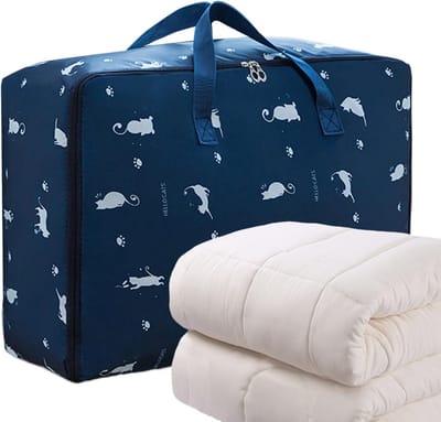 Dekbed Opbergtas - Opbergcontainer Kleding - Huis Appartement Verhuizen - Vouwbaar Met Rits - 55x33x20cm - Marineblauwe Kat