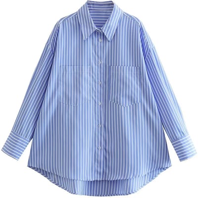 Blauw Gestreept Overhemd Dames Casual Oversized Lang Overhemd Vrouw Mode Knoopsluiting Lange Mouwen Shirts Kantoor Los Overhemd L gray