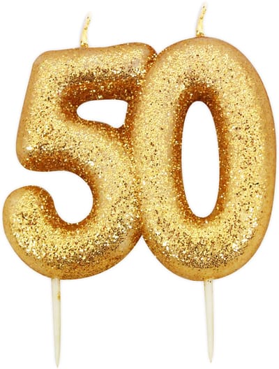 ANNIVERSARY HOUSE - Verjaardagskaars op prikker 50 jaar goud glitter 7 cm taartdecoratie