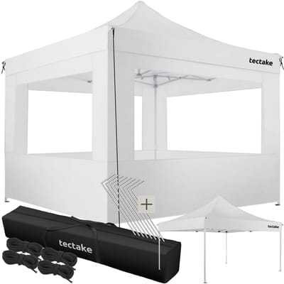 tectake® Paviljoen Vouwpaviljoen - Opvouwbaar en Waterdicht - Tuinpaviljoen met Zijpanelen - Inclusief Haringen en Tas - Terrasoverkapping, Partytent (wit, 3 x 3 m / 4 zijdelen)