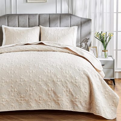Bedovertrek voor tweepersoonsbed, 220 x 240 cm, ultrasoon dekbed van geborstelde microvezel, zacht en licht, elegant, beige met bloemenpatroon, met 2 kussenslopen van 50 x 75 cm
