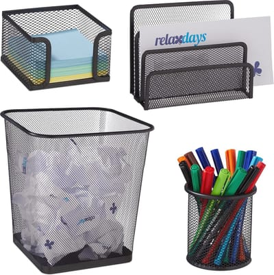 4-delige bureau organizer set met pennenbak en metalen houder - zwart