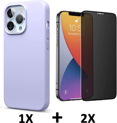 HB Hoesje Geschikt voor Apple iPhone 13 Pro - Paars / 2X Privacy Glazen Screenprotector - Siliconen Back Cover