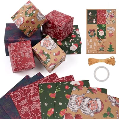 Kerstcadeaupapier - Multicolor - 70 x 50 cm - Recyclebaar Kraftpapier met Cadeaulabels en Touwtje - Voor het Inpakken van Kerstcadeaus