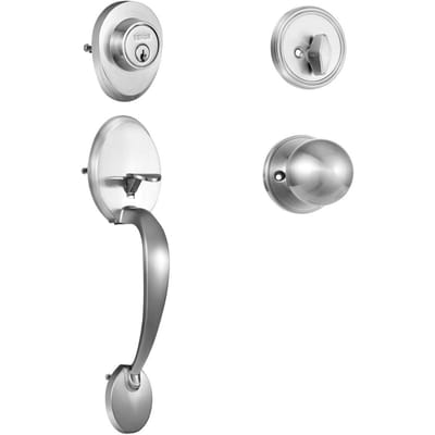 Ensemble poignée et serrure de porte d'entrée, Ensemble de serrure de porte d'entrée nickel satiné avec bouton intérieur, Ensemble de poignées à entraxe réglable à cylindre unique, pour droite