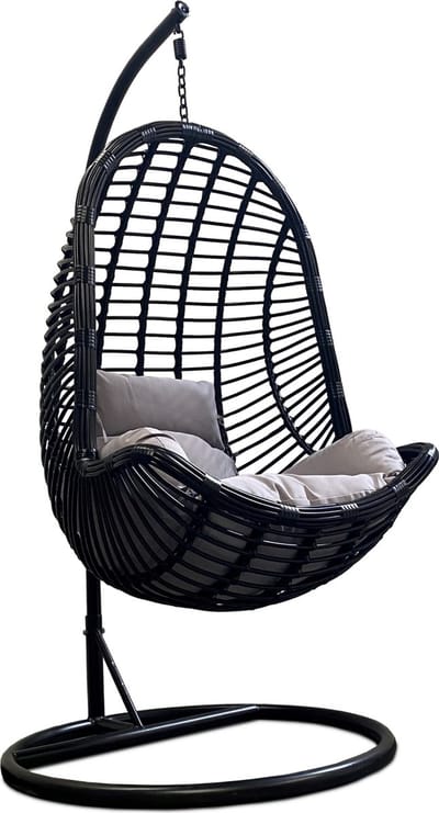 Rijoka Hangstoel Ragna Original Schommelstoel – Grijs kussen - Zwart Rattan