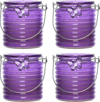 Citronella windlicht met kaars - 8x - paars - 20 branduren - citrusgeur