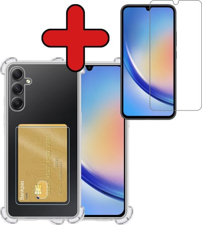Hoesje - Geschikt voor Samsung Galaxy A34 - Met Screenprotector - Pashouder - Kaarthouder - Back Cover - Telefoon Hoes Shockproof - Siliconen Case - Shock Proof - Pasjes Houder - Telefoonhoes - Transparant