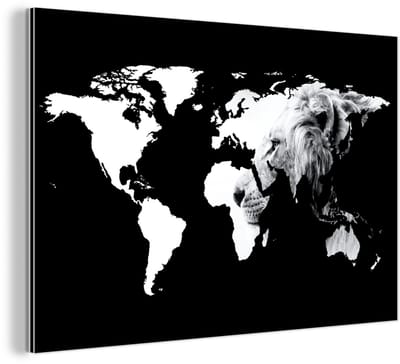Aluminium schilderij 180x120 cm - Wanddecoratie metaal - Wereldkaart - Zwart - Wit - Leeuw - Metalen muurdecoratie woonkamer - Decoratie industrieel - Foto op dibond - Industriële accessoires slaapkamer